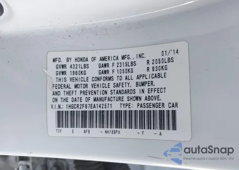 2014 Honda Accord Ex-L из США, поврежденный, VIN 1HGCR2F87EA142571